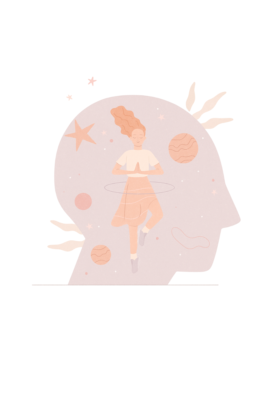 Kobieta tańcząca w kosmicznej przestrzeni.