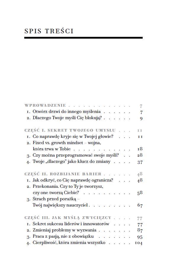 Strona książki Zhakuj swój mindset spis treści
